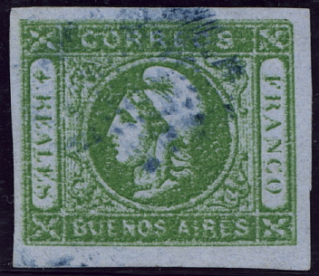 1. Auflage 1859, 4 Reales grün, unscharfer Druck