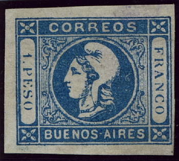 1. Auflage 1859, 1 Peso blau, klarer Druck