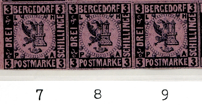 Bergedorf: Die Umdrucktypen 7 bis 9 des Neudrucks IV von 1888, Michel Nr. 4