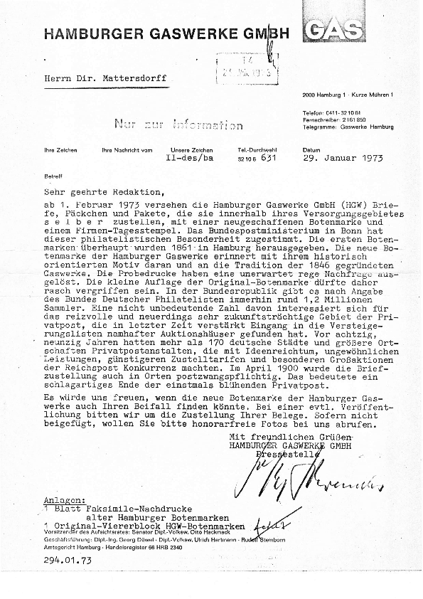 Brief der Hamburger Gaswerke von 1973