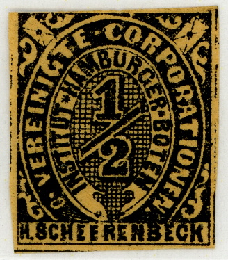 Hamburger Boteninstitute, H. Scheerenbeck, 3. Ausgabe, 1/2 Schilling, Fälschung Dieks 3