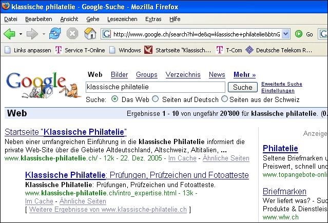 Screenshot 24. 12. 2005: Google-Suche nach „Klassische Philatelie“