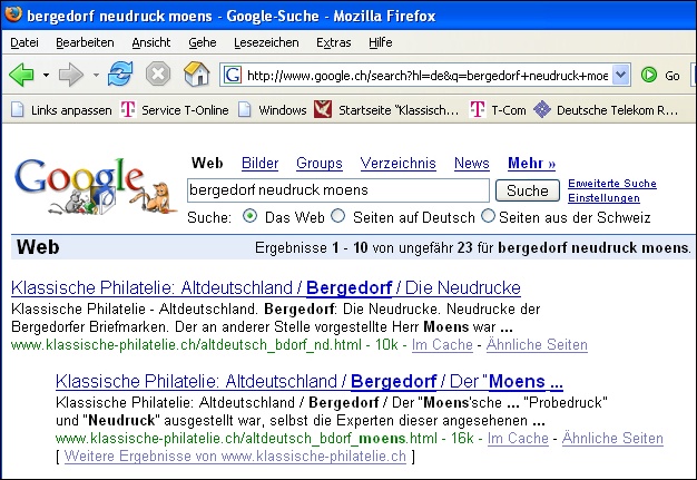 Screenshot 24. 12. 2005: Google-Suche nach „Bergedorf Neudruck Moens“